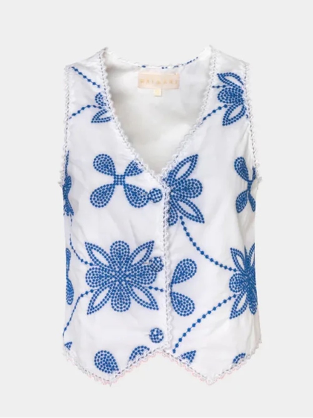 White V-Neck Camisole with Blue Floral Embroidery - Women's
